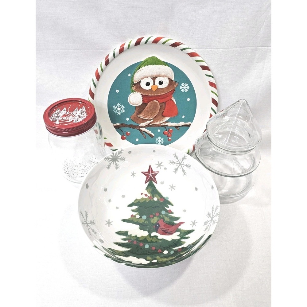 Christmas Kitchenware Decor Set 1 Plate 1 Bowl 1 Container 1 Ornate Jar Lot Of 4